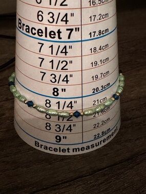 Handmade Green Seed Bead Bracelet with Navy Accents and Gold Tome Clasp and 14K